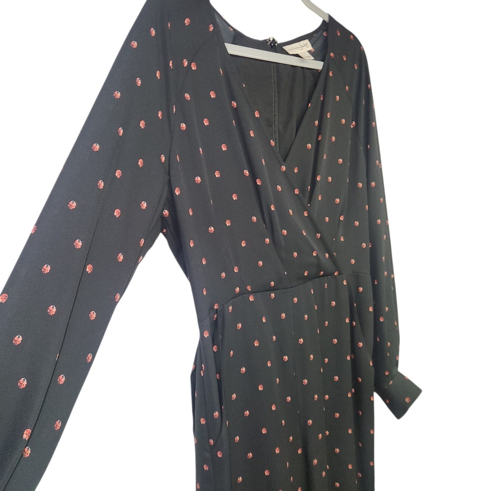 Maison Jules Womens Ladybug Print Wrap Jumpsuit Black Red Wide Leg Size 2
